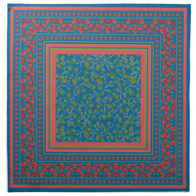 Poppies and Poppy Buds on Blue Cloth Napkins (Front)