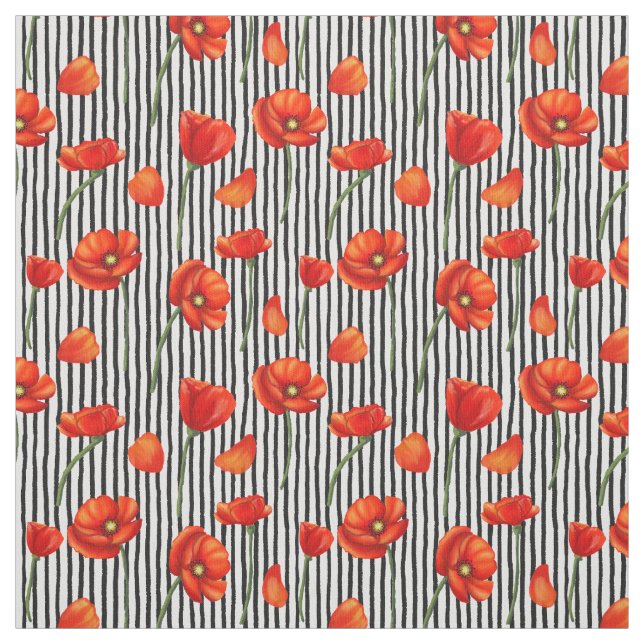 Poppies and stripes pattern fabric (Swatch)