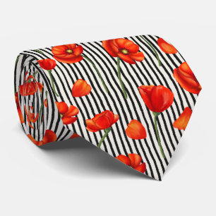 Poppies and stripes pattern neck tie