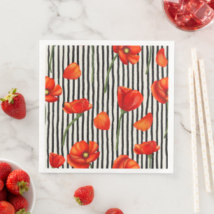 Poppies and stripes pattern paper dinner napkins