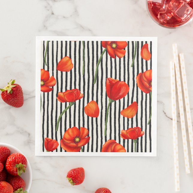 Poppies and stripes pattern paper dinner napkins (Insitu)
