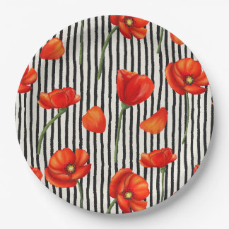 Poppies and stripes pattern paper plates
