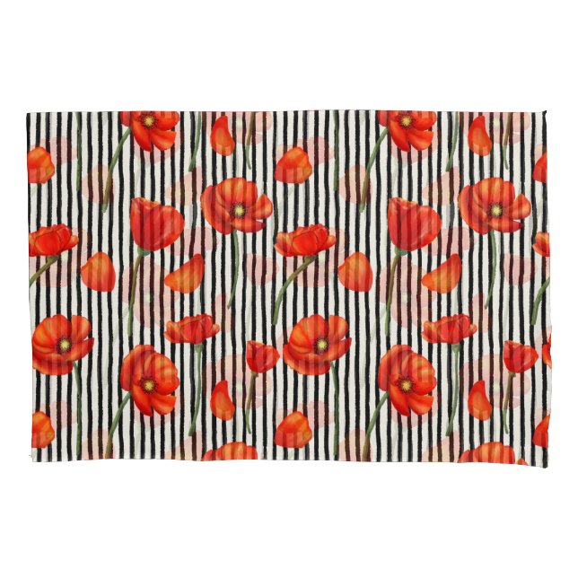 Poppies and stripes pattern pillow case (Front)