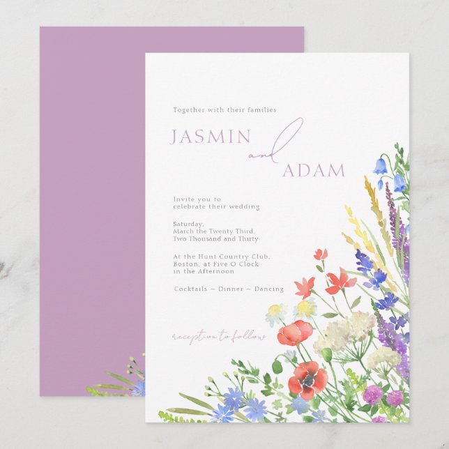 Poppies and Wildflowers Lavender Monogram Wedding Invitation (Front/Back)