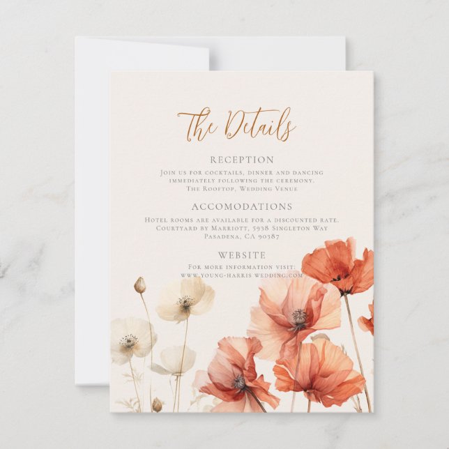 Poppies and Wildflowers The Details Wedding Note Card (Front)