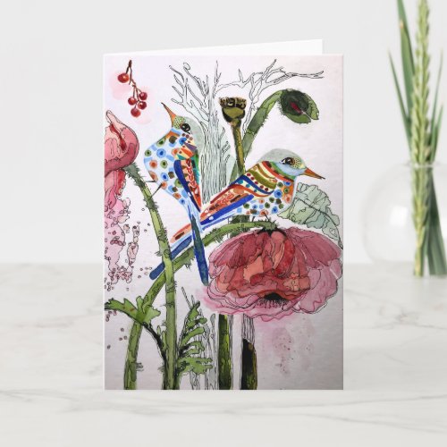 Poppies  Birds _ Blank inside greeting card