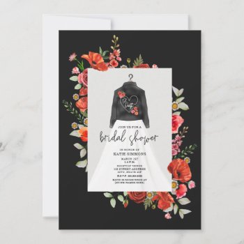 Poppies Black Leather Jacket Bridal Shower Invitation by JillsPaperie at Zazzle