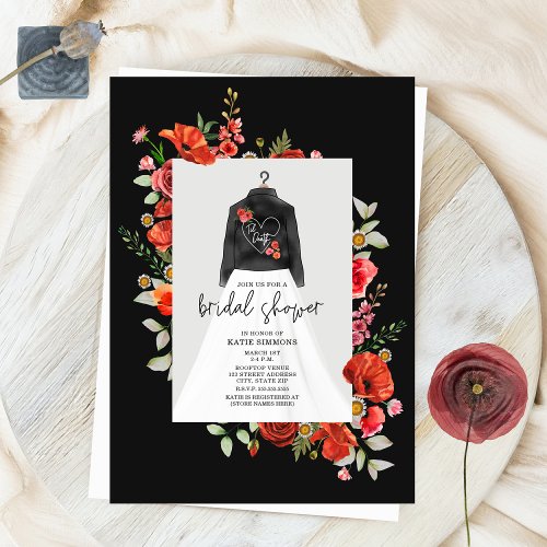 Poppies Black Leather Jacket Bridal Shower Invitation