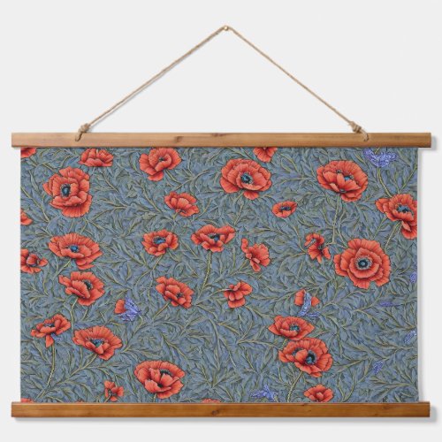 Poppies Blue Butterflies Hanging Tapestry