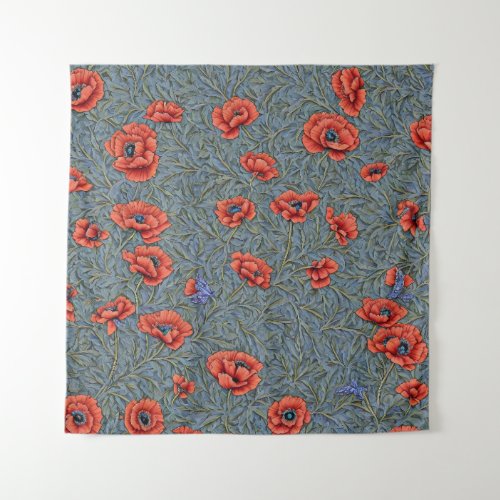 Poppies Blue Butterflies Tapestry