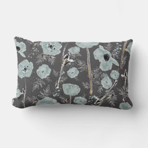 Poppies Blue Gray Black Watercolor Floral Pattern Lumbar Pillow