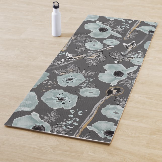Poppies Blue Gray Charcoal Watercolor Flora Yoga Mat (In Situ)