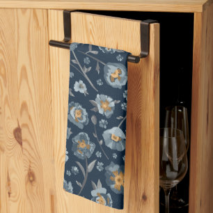 Poppies Blue Gray Floral Pattern Kitchen Towel