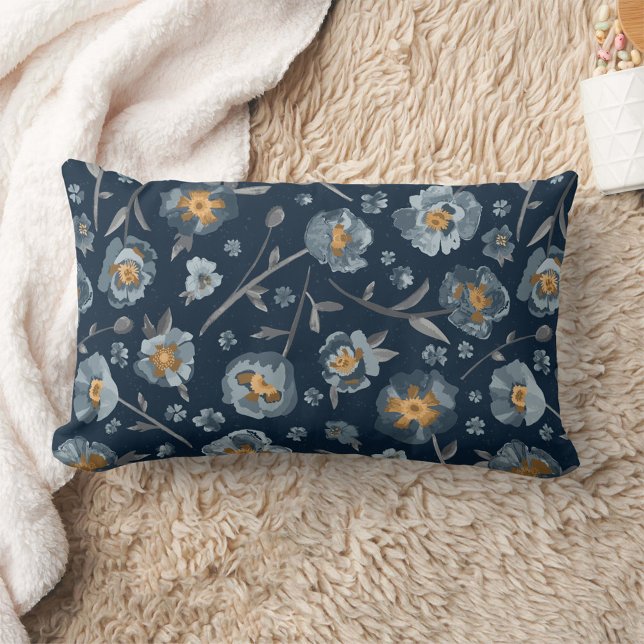 Poppies Blue Gray Floral Pattern Lumbar Pillow (Poppies Blue Gray Floral Pattern Lumbar Pillow from Studio Posies.)