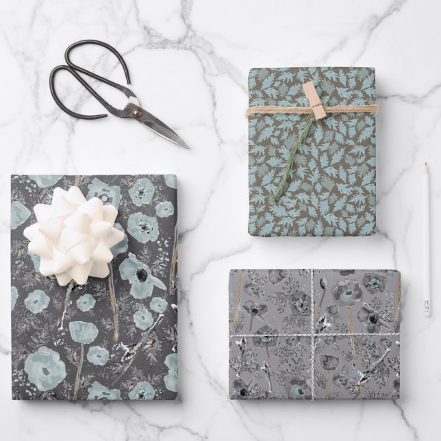 Poppies Blue Gray Gray Floral Pattern Wrapping Paper Sheets (Front)