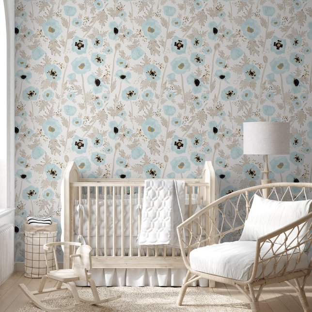 Poppies Blue Watercolor Floral Pattern Wallpaper (Poppies Blue Watercolor Floral Pattern Wallpaper from Studio Posies.)