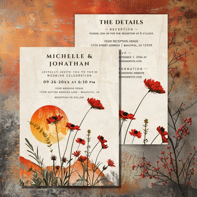 Poppies Boho Wildflowers Sunset All in One Wedding Invitation (Poppies Boho Wildflowers Sunset All in One Wedding Invitation)