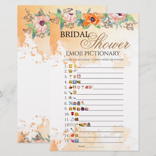 Poppies bridal shower emoji pictionary game (Front/Back)