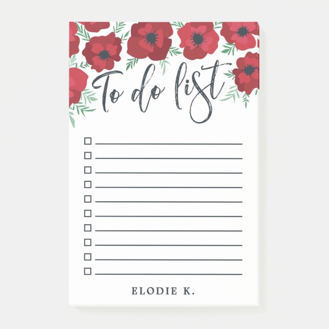 Poppies & Brush Script Checkbox To Do List Post-it Notes (Front)