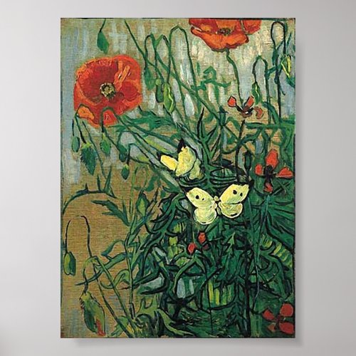 Poppies  Butterflies Van Gogh Fine Art Poster