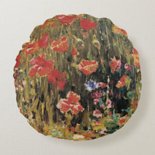 Poppies by Robert Vonnoh, Vintage Impressionism Round Pillow