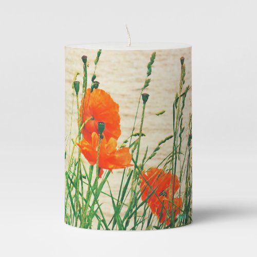 Poppies by the Lake Flowers Nature Pillar Candle