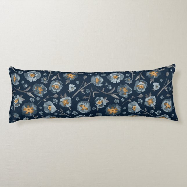 Poppies Charming Blue Gray Floral Body Pillow (Back)