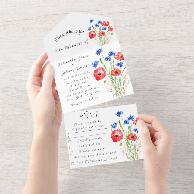 Poppies Cornflowers Floral Wedding Elegant  All In One Invitation (Tearaway)