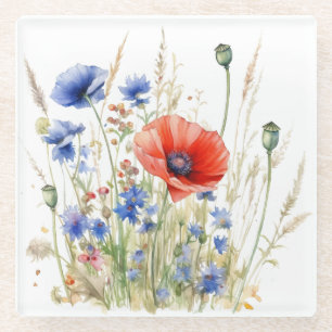 Poppies & Cornflowers: Rustic Meadow Watercolor Glass Coaster
