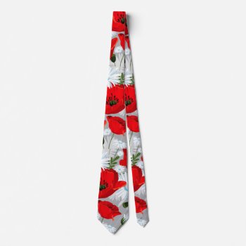 Poppies Daisies Red White Tie Double Sided Print by funny_tshirt at Zazzle