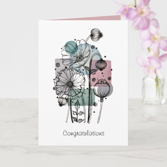 Poppies Doodle In Ink And Watercolor Card (Orchid)