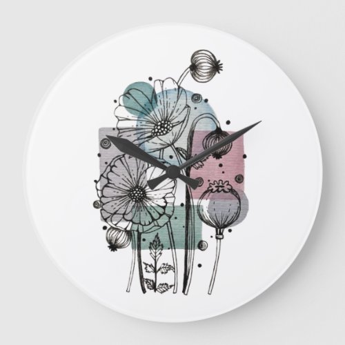 Poppies Doodle In Ink And Watercolor Clock