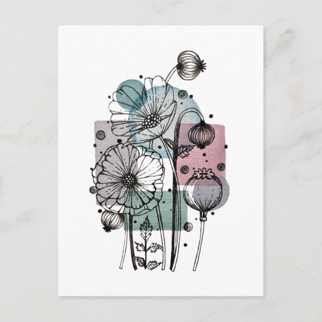 Poppies Doodle In Ink And Watercolor Postcard (Front)