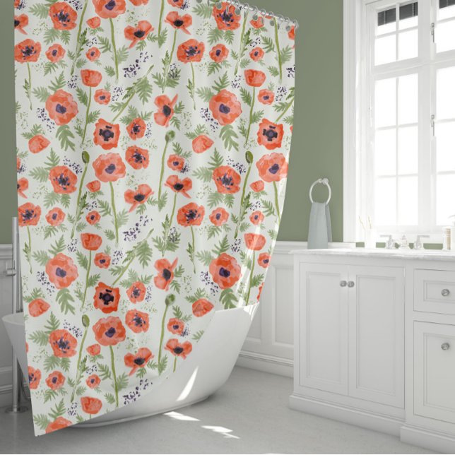 Poppies Floral Pattern Shower Curtain (Elegant Poppy Orange Floral Pattern Shower Curtain from Studio Posies.)