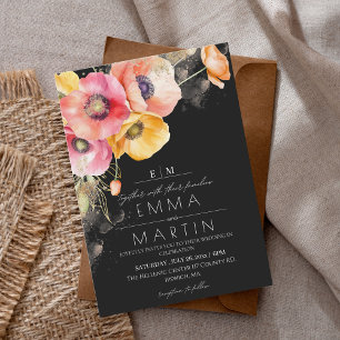 Poppies Floral Red & Black Gold Wedding  Invitation