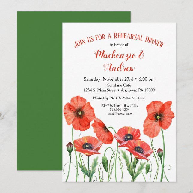 Poppies Floral Rehearsal Dinner Brunch Invitation (Front/Back)