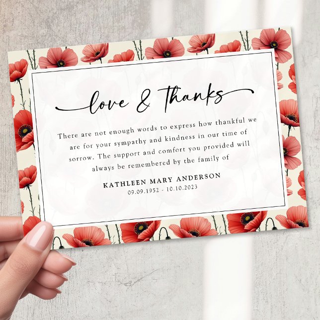 Poppies Floral Script Sympathy Funeral Thank You Card (Creator Uploaded)