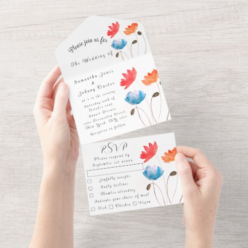 Poppies Floral Watercolor Summer Wedding Elegant All In One Invitation