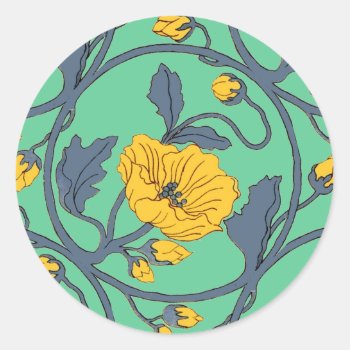 Poppies Flower Vintage Tile Design Art Nouveau Classic Round Sticker by PrintTiques at Zazzle