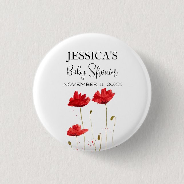 Poppies Flowers Poppy Baby Shower Wildflower girl Button (Front)