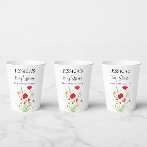 Poppies Flowers Poppy Baby Shower Wildflower girl Paper Cups