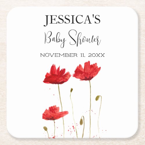 Poppies Flowers Poppy Baby Shower Wildflower girl Square Paper Coaster
