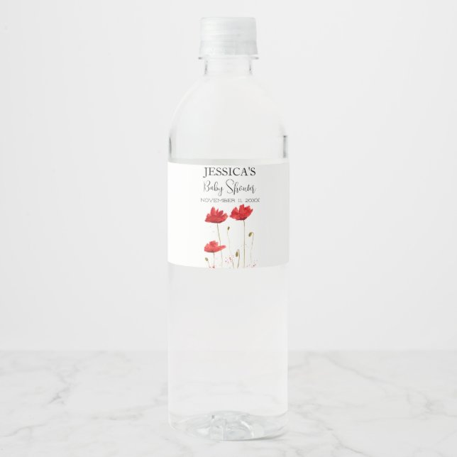 Poppies Flowers Poppy Baby Shower Wildflower girl Water Bottle Label (Front)