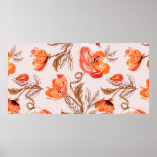 Poppies Flowers Seamless Pattern on a Beige Backgr Poster