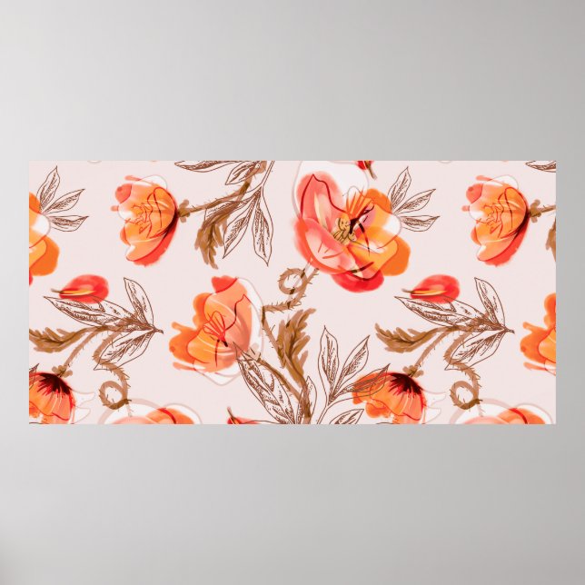 Poppies Flowers Seamless Pattern on a Beige Backgr Poster (Front)