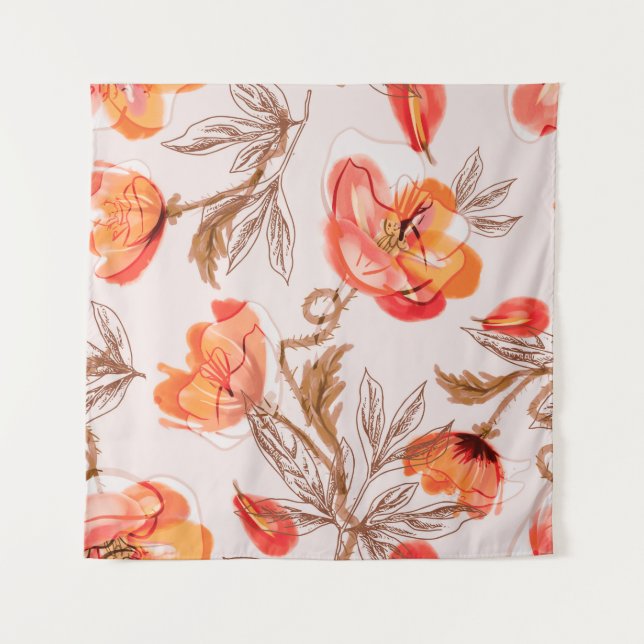 Poppies Flowers Seamless Pattern on a Beige Backgr Tapestry (Front)