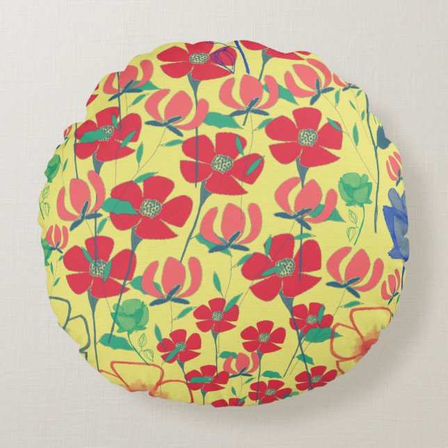 Poppies Garden Yellow Round Cushion (Front)