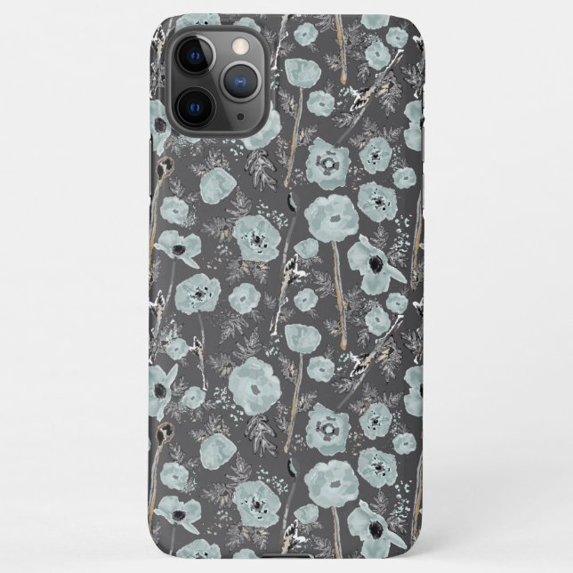 Poppies Gray Blue Black Watercolor Flowers iPhone Case (Back)