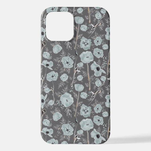 Poppies Gray Blue Black Watercolor Flowers iPhone  Case (Back)