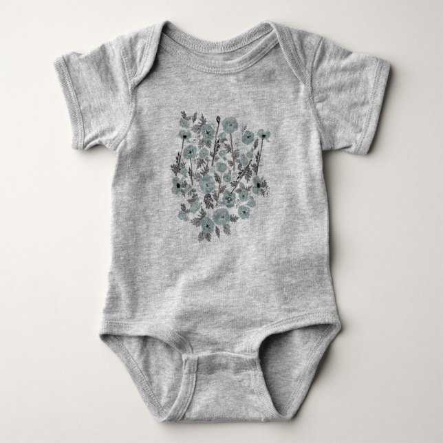 Poppies Gray Blue Flowers Baby Bodysuit (Front)